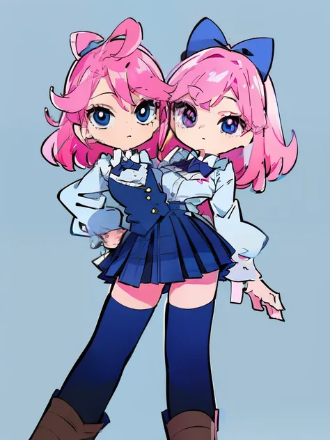 best quality, (masterpiece),(ultra-detailed), (high quality), (high resolution), ((2heads:1.5)), 1girl, ((blue hair)),((magenta pink hair)), black eyes,  black thighhighs, pleated skirt, plaid skirt, worker uniform, one side up, ((blue bow tie)), sweater, ...