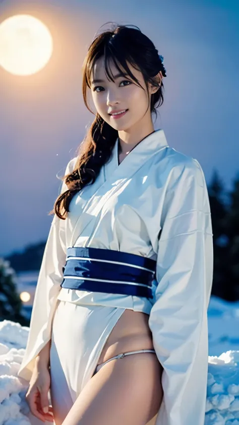 A beautiful snow woman wearing a pure white kimono stands on a snowy mountain road at night,(((In the moonlight of a blizzard, a snow woman looking good in a plain white kimono is staring at me and touching me.))),Full-body shot from the front,Strong blue ...