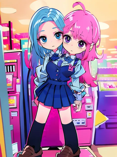 best quality, (masterpiece),(ultra-detailed), (high quality), (high resolution), ((2heads:1.5)), 1girl, ((blue hair)),((magenta pink hair)), black eyes, pleated skirt, plaid skirt, (worker uniform), ((blue bow tie)), sweater, white shirt, hair scrunchie, m...