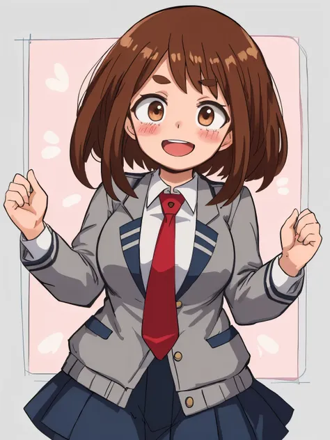 uraraka_ochako boku no hero academia 1girl, thick_eyebrows blush_stickers, brown_hair, brown_eyes, short_hair, sideburns,  mediu...