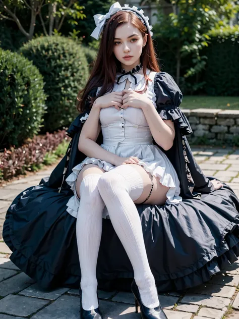 goth lolita girl, four arms, curvy, age 21, pale skin, dark eyes, sitting in an outdoor garden, dark blue elegant lolita dress, ...