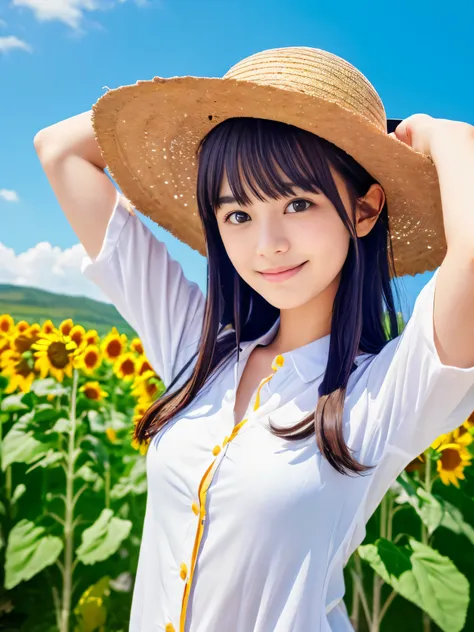 (close-up of a slender small-breasted dark silver long-haired girl with flowing bangs wearing a white shirt and straw hat:1.5)、(...