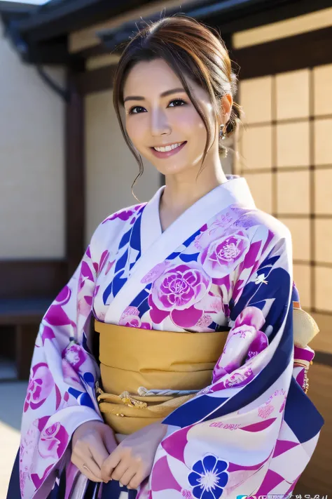 white kimono、pink Japanese pattern、(Furisode:1.5)、or、(top grade)、1 female、Full body Esbian、black haired、tie your hair back、(realistic:1.7)、((best image quality))、absurd、(ultra high resolution)、(Photoreal:1.6)、Photoreal、octane rendering、(超realistic:1.2)、(re...