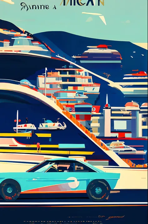 there is a poster of a racing car on the beach, monaco, travel poster, poster illustration, inspired by emiliano ponzi, james gi...