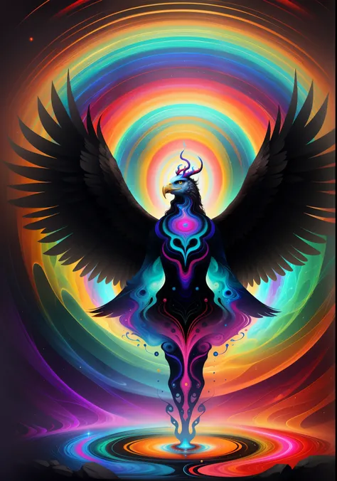(Psychedelic painting of an eagle standing in front of a colorful swirl), ((several horns, borboletas, coloridas)), cores brilhantes, linhas grossas, ondas, several layers, Primeiro plano, perspectiva, fractal Trovão Dan Mumford , Dan Mumford e Alex estilo...