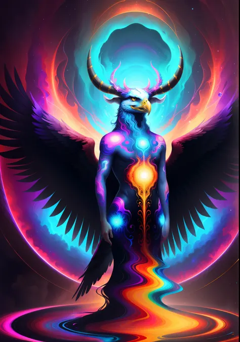 (psychedelic painting of an eagle standing in front of a colorful swirl), ((several horns, borboletas, coloridas)), cores brilha...