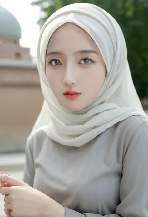 1girl, solo, beautiful face, high detailed realistic eyes, double eyelids, high detailed realistic pupils, (upon body from head to waist:1.36), (wearing hijab:1.37), (moslem headscarf:1.37), reading glasses, sitting alone on a long chair, amazing mosque pa...