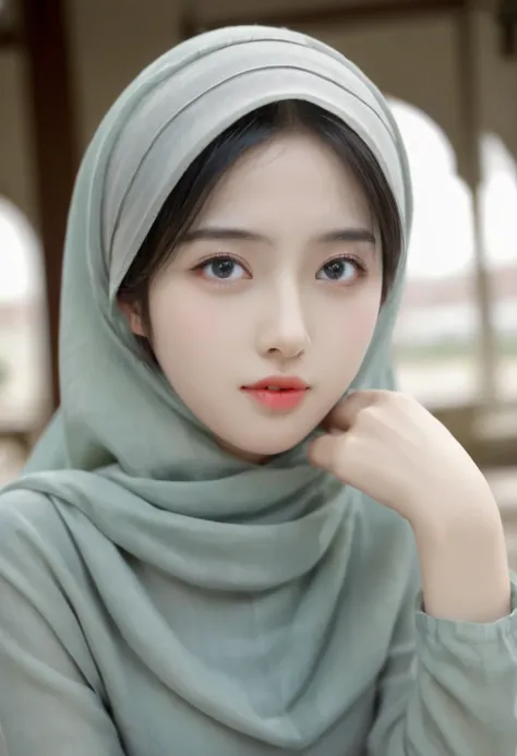 1girl, solo, beautiful face, high detailed realistic eyes, double eyelids, high detailed realistic pupils, (upon body from head to waist:1.36), (wearing hijab:1.37), (moslem headscarf:1.37), reading glasses, sitting alone on a long chair, amazing mosque pa...