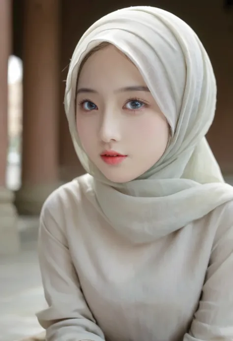 1girl, solo, beautiful face, high detailed realistic eyes, double eyelids, high detailed realistic pupils, (upon body from head to waist:1.36), (wearing hijab:1.37), (moslem headscarf:1.37), reading glasses, sitting alone on a long chair, amazing mosque pa...