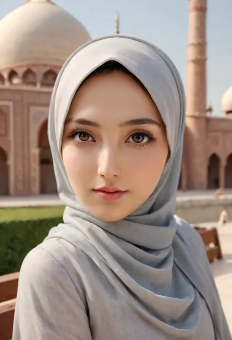 1girl, solo, beautiful face, high detailed realistic eyes, double eyelids, high detailed realistic pupils, (upon body from head to waist:1.36), (wearing hijab:1.37), (moslem headscarf:1.37), reading glasses, sitting alone on a long chair, amazing mosque pa...