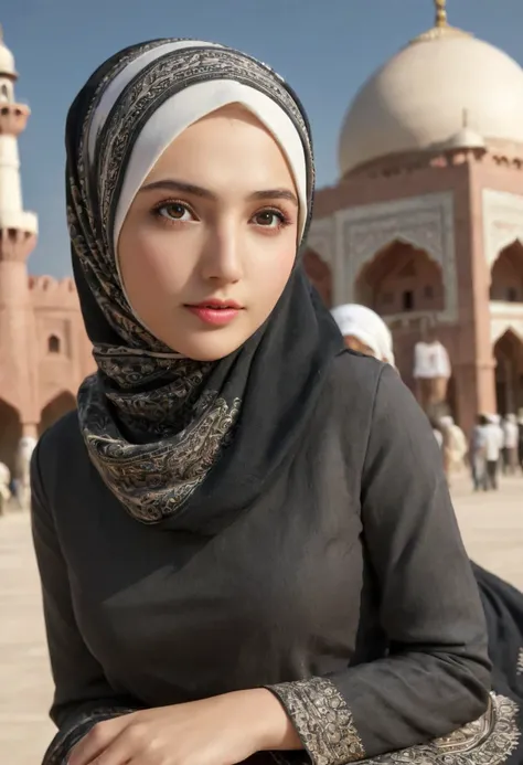 1girl, solo, beautiful face, high detailed realistic eyes, double eyelids, high detailed realistic pupils, (upon body from head to waist:1.36), (wearing hijab:1.37), (moslem headscarf:1.37), reading glasses, sitting alone on a long chair, amazing mosque pa...
