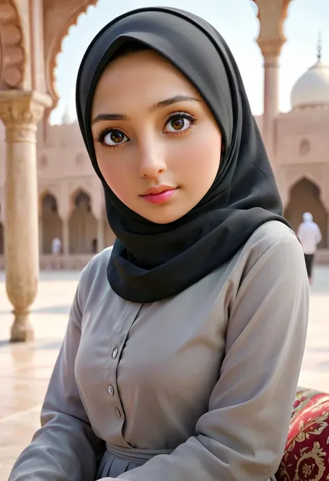 1girl, solo, beautiful face, high detailed realistic eyes, double eyelids, high detailed realistic pupils, (upon body from head to waist:1.36), (wearing hijab:1.37), (moslem headscarf:1.37), reading glasses, sitting alone on a long chair, amazing mosque pa...