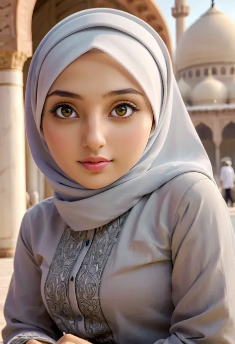 1girl, solo, beautiful face, high detailed realistic eyes, double eyelids, high detailed realistic pupils, (upon body from head to waist:1.36), (wearing hijab:1.37), (moslem headscarf:1.37), reading glasses, sitting alone on a long chair, amazing mosque pa...