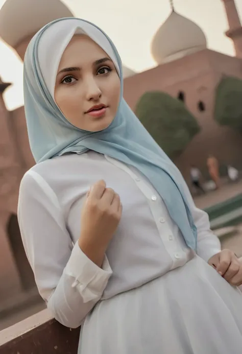1girl, solo, beautiful face, high detailed realistic eyes, double eyelids, high detailed realistic pupils, (upon body from head to waist:1.36), (wearing hijab:1.37), (moslem headscarf:1.37), reading glasses, sitting alone on a long chair, amazing mosque pa...
