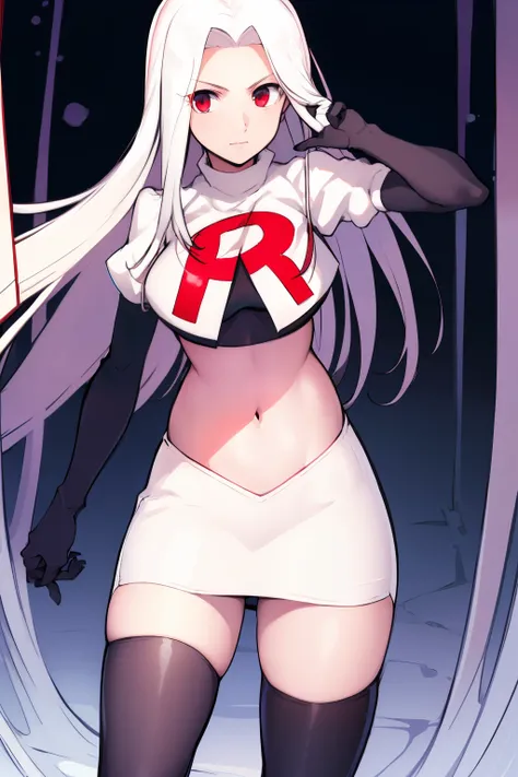((masterpiece,best quality)), absurdres, Irisviel_von_Einzbern, solo, looking at viewer, cowboy shot, cinematic composition, dynamic pose, team rocket,team rocket uniform,white skirt,red letter R,crop top,black thigh-highs,black elbow gloves