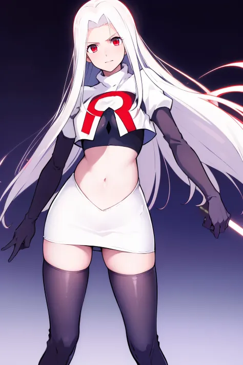 ((masterpiece,best quality)), absurdres, Irisviel_von_Einzbern, solo, looking at viewer, cowboy shot, cinematic composition, dynamic pose, team rocket,team rocket uniform,white skirt,red letter R,crop top,black thigh-highs,black elbow gloves