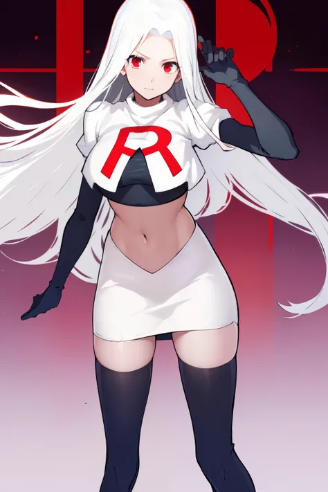 ((masterpiece,best quality)), absurdres, Irisviel_von_Einzbern, solo, looking at viewer, cowboy shot, cinematic composition, dynamic pose, team rocket,team rocket uniform,white skirt,red letter R,crop top,black thigh-highs,black elbow gloves