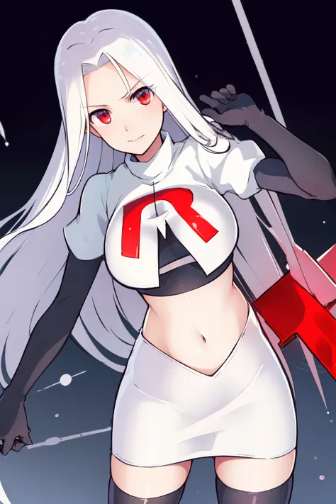 ((masterpiece,best quality)), absurdres, Irisviel_von_Einzbern, solo, looking at viewer, cowboy shot, cinematic composition, dynamic pose, team rocket,team rocket uniform,white skirt,red letter R,crop top,black thigh-highs,black elbow gloves