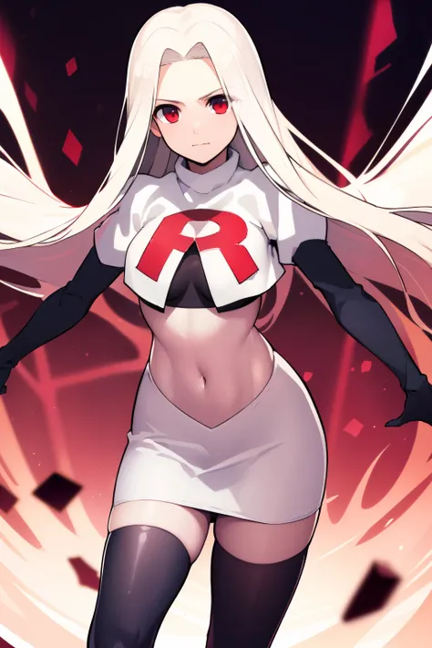((masterpiece,best quality)), absurdres, Irisviel_von_Einzbern, solo, looking at viewer, cowboy shot, cinematic composition, dynamic pose, team rocket,team rocket uniform,white skirt,red letter R,crop top,black thigh-highs,black elbow gloves