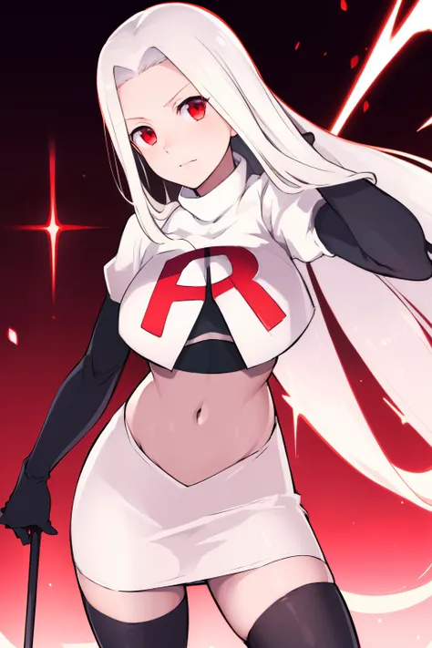 ((masterpiece,best quality)), absurdres, Irisviel_von_Einzbern, solo, looking at viewer, cowboy shot, cinematic composition, dynamic pose, team rocket,team rocket uniform,white skirt,red letter R,crop top,black thigh-highs,black elbow gloves