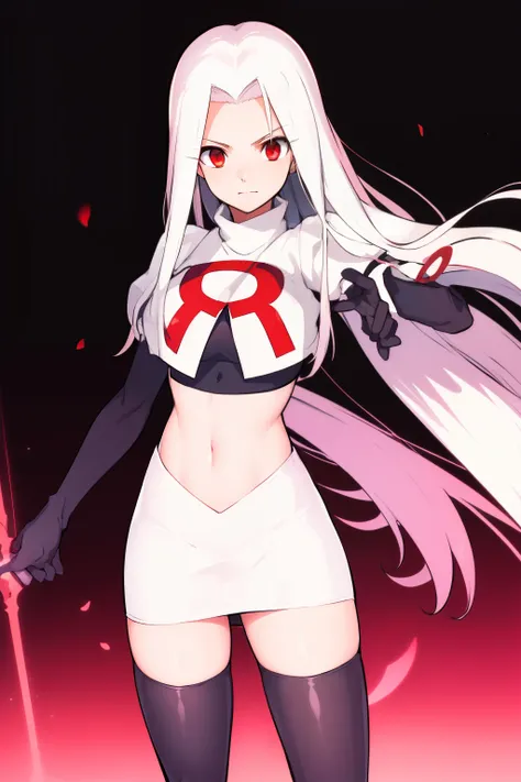 ((masterpiece,best quality)), absurdres, Irisviel_von_Einzbern, solo, looking at viewer, cowboy shot, cinematic composition, dynamic pose, team rocket,team rocket uniform,white skirt,red letter R,crop top,black thigh-highs,black elbow gloves