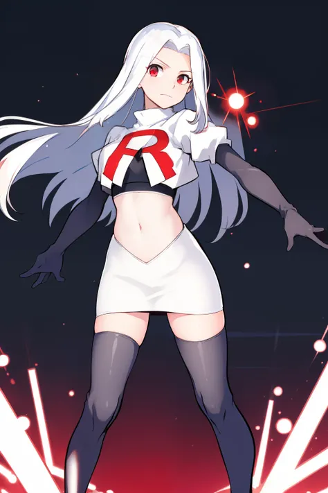((masterpiece,best quality)), absurdres, Irisviel_von_Einzbern, solo, looking at viewer, cowboy shot, cinematic composition, dynamic pose, team rocket,team rocket uniform,white skirt,red letter R,crop top,black thigh-highs,black elbow gloves