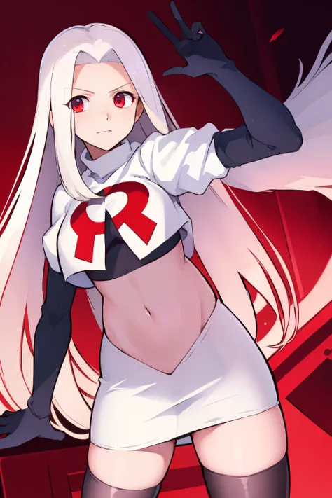 ((masterpiece,best quality)), absurdres, Irisviel_von_Einzbern, solo, looking at viewer, cowboy shot, cinematic composition, dynamic pose, team rocket,team rocket uniform,white skirt,red letter R,crop top,black thigh-highs,black elbow gloves