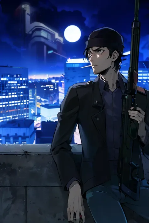 anime man with gun on rooftop overlooking city at night, modern cyberpunk anime, spike spiegel, beaten tech. neo noir style, tri...