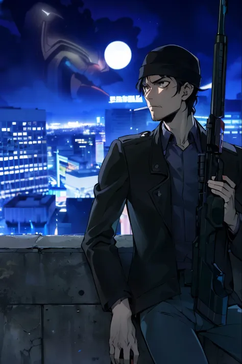 anime man with gun on rooftop overlooking city at night, modern cyberpunk anime, spike spiegel, beaten tech. neo noir style, trigger anime artstyle, style of red line anime movie, metal gear solid anime cyberpunk, anime concept hdr anime macmanus, hes a hi...