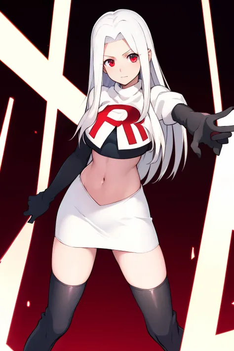 ((masterpiece,best quality)), absurdres, Irisviel_von_Einzbern, solo, looking at viewer, cowboy shot, cinematic composition, dynamic pose, team rocket,team rocket uniform,white skirt,red letter R,crop top,black thigh-highs,black elbow gloves
