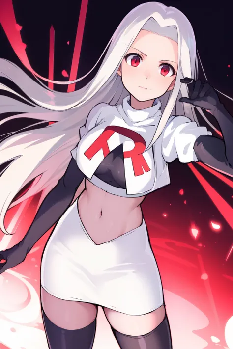 ((masterpiece,best quality)), absurdres, Irisviel_von_Einzbern, solo, looking at viewer, cowboy shot, cinematic composition, dynamic pose, team rocket,team rocket uniform,white skirt,red letter R,crop top,black thigh-highs,black elbow gloves