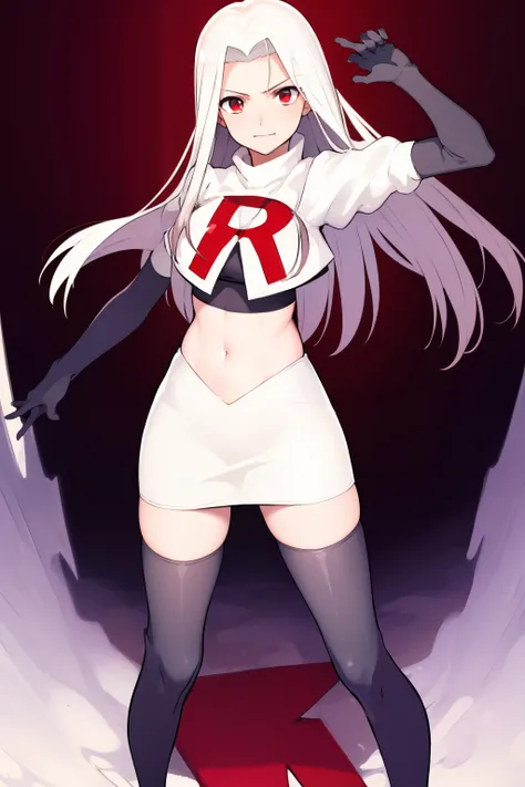 ((masterpiece,best quality)), absurdres, Irisviel_von_Einzbern, solo, looking at viewer, cowboy shot, cinematic composition, dynamic pose, team rocket,team rocket uniform,white skirt,red letter R,crop top,black thigh-highs,black elbow gloves