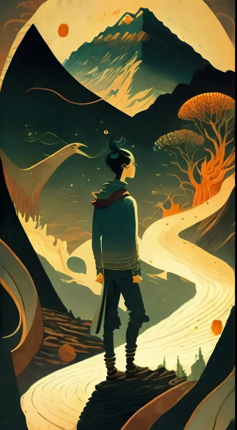 a painting of a guy standing in front of a mountain with a river running through it by victo ngai