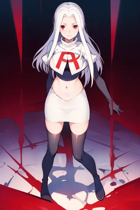 ((masterpiece,best quality)), absurdres, Irisviel_von_Einzbern, solo, looking at viewer, cowboy shot, cinematic composition, dynamic pose, team rocket,team rocket uniform,white skirt,red letter R,crop top,black thigh-highs,black elbow gloves