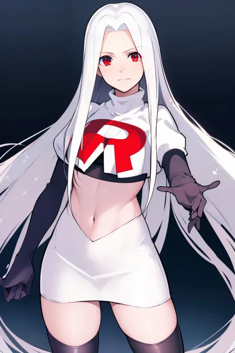 ((masterpiece,best quality)), absurdres, Irisviel_von_Einzbern, solo, looking at viewer, cowboy shot, cinematic composition, dynamic pose, team rocket,team rocket uniform,white skirt,red letter R,crop top,black thigh-highs,black elbow gloves