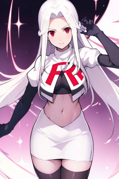 ((masterpiece,best quality)), absurdres, Irisviel_von_Einzbern, solo, looking at viewer, cowboy shot, cinematic composition, dynamic pose, team rocket,team rocket uniform,white skirt,red letter R,crop top,black thigh-highs,black elbow gloves