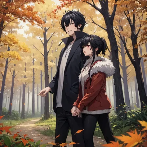 a man together with his wife(eye red) in casual clothes in an autumn themed park