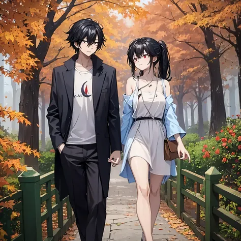 a man together with his wife(eye red) in casual clothes in an autumn themed park