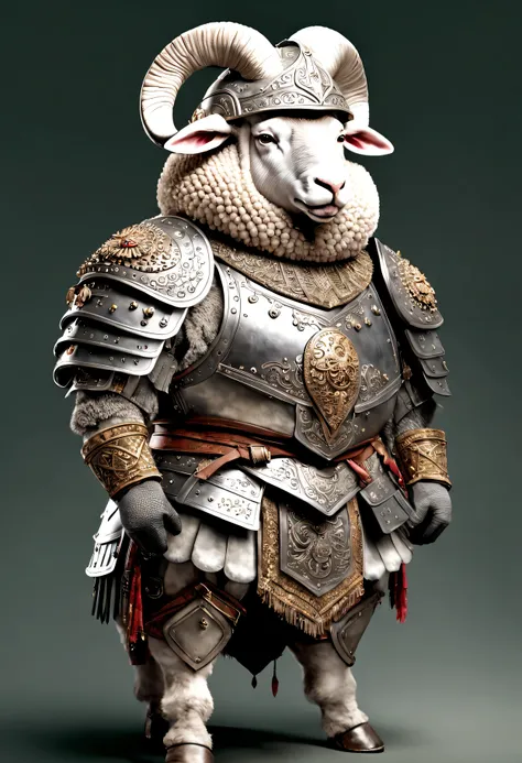 photorealistic portrait of Dressed animals - a ((fat)) sheep warrior,(brave pose), high quality,(lovely) ,intricate details, highly detailed (( armor and helmet)) ,,highly detailed decorations, , (brave), studio lighting,(full body image:1.5)