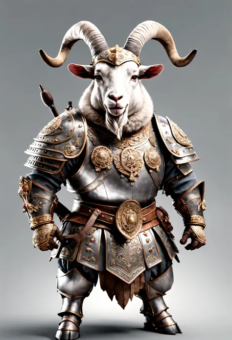 photorealistic portrait of Dressed animals - a ((fat)) goat warrior,(brave pose), high quality,(lovely) ,intricate details, highly detailed ((mechanical armor and helmet)) ,,highly detailed decorations, , (brave), studio lighting,(full body image:1.5)