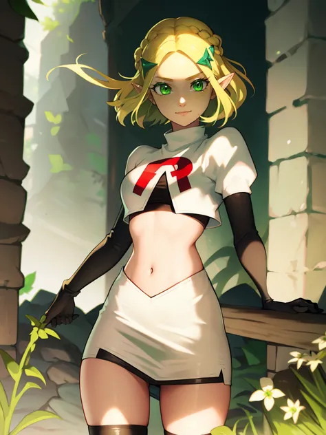 princess zelda, blonde hair, (green eyes:1.5), pointy ears, hair ornament, hairclip, parted bangs, short hair, crown braid,, glossy lips, makeup, team rocket,team rocket uniform, red letter R, white skirt,white crop top,black thigh-highs,black elbow gloves...