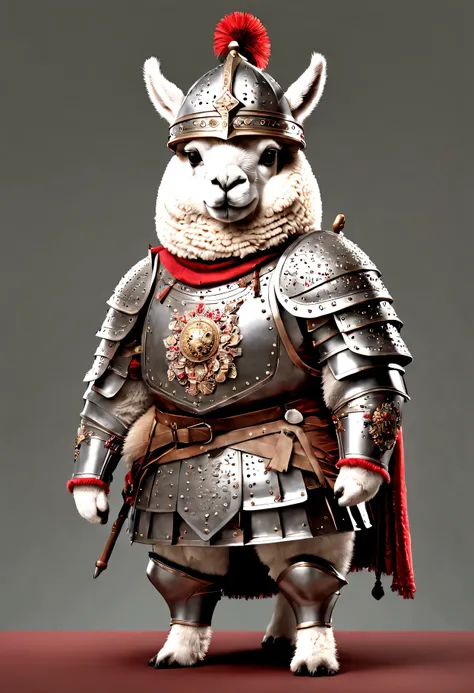 photorealistic portrait of Dressed animals - a ((fat)) alpaca warrior,(brave pose), high quality,(lovely) ,intricate details, highly detailed ((medieval armor and helmet)) ,,highly detailed decorations, , (brave), studio lighting,(full body image:1.5)