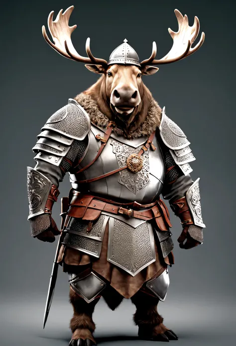 photorealistic portrait of Dressed animals - a ((fat)) moose warrior,(brave pose), high quality,(lovely) ,intricate details, highly detailed ((medieval armor and helmet)) ,,highly detailed decorations, , (brave), studio lighting,(full body image:1.5)