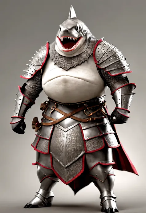 photorealistic portrait of Dressed animals - a ((fat)) shark warrior,(brave pose), high quality,(lovely) ,intricate details, highly detailed ((medieval armor and helmet)) ,,highly detailed decorations, , (brave), studio lighting,(full body image:1.5)