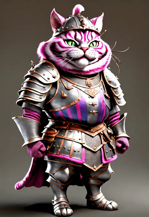photorealistic portrait of Dressed animals - a ((fat)) Cheshire cat warrior,(brave pose), high quality,(lovely) ,intricate details, highly detailed ((medieval armor and helmet)) ,,highly detailed decorations, , (brave), studio lighting,(full body image:1.5...