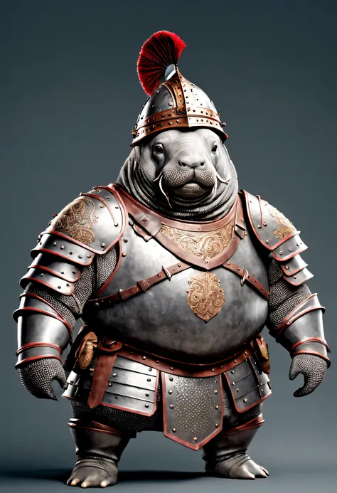 photorealistic portrait of Dressed animals - a ((fat)) manatee warrior,(brave pose), high quality,(lovely) ,intricate details, highly detailed ((medieval armor and helmet)) ,,highly detailed decorations, , (brave), studio lighting,(full body image:1.5)