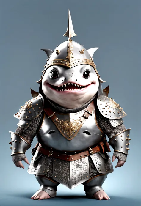 photorealistic portrait of Dressed animals - a ((fat)) baby shark warrior,(brave pose), high quality,(lovely) ,intricate details, highly detailed ((medieval armor and helmet)) ,,highly detailed decorations, , (brave), studio lighting,(full body image:1.5)