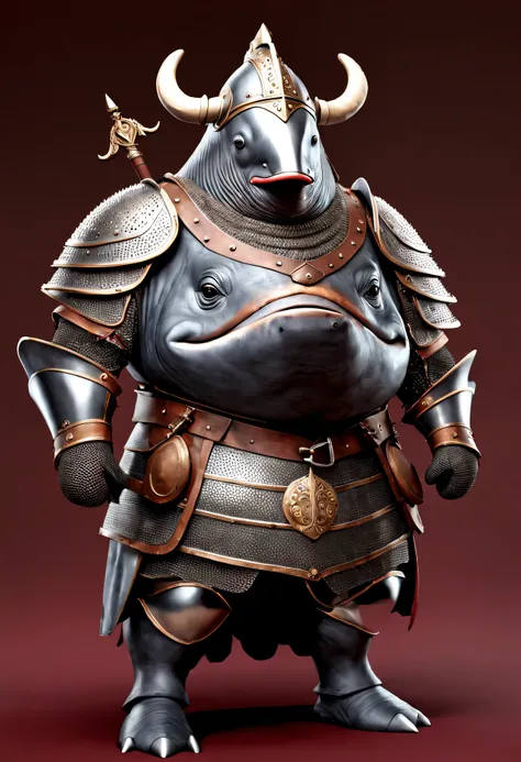 photorealistic portrait of Dressed animals - a ((fat)) whale warrior,(brave pose), high quality,(lovely) ,intricate details, highly detailed ((medieval armor and helmet)) ,,highly detailed decorations, , (brave), studio lighting,(full body image:1.5)