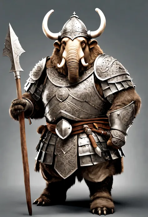photorealistic portrait of Dressed animals - a ((fat)) mammoth warrior,(brave pose), high quality,(lovely) ,intricate details, highly detailed ((medieval armor and helmet)) ,,highly detailed decorations, , (brave), studio lighting,(full body image:1.5)
