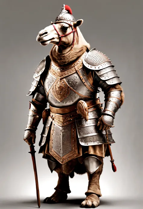 photorealistic portrait of Dressed animals - a ((fat)) camel warrior,(brave pose), high quality,(lovely) ,intricate details, highly detailed ((medieval armor and helmet)) ,,highly detailed decorations, , (brave), studio lighting,(full body image:1.5)